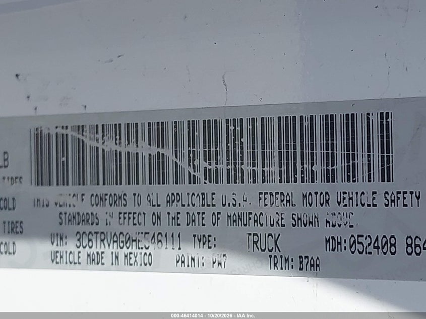 RAM PROMASTER 1500 2017 VIN 3C6TRVAG0HE546111