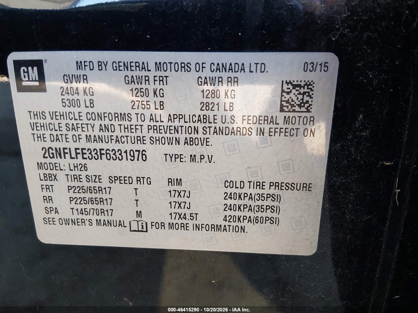 CHEVROLET EQUINOX 2015 VIN 2GNFLFE33F6331976
