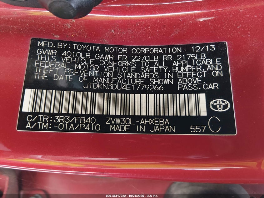 TOYOTA PRIUS 2014 VIN JTDKN3DU4E1779266