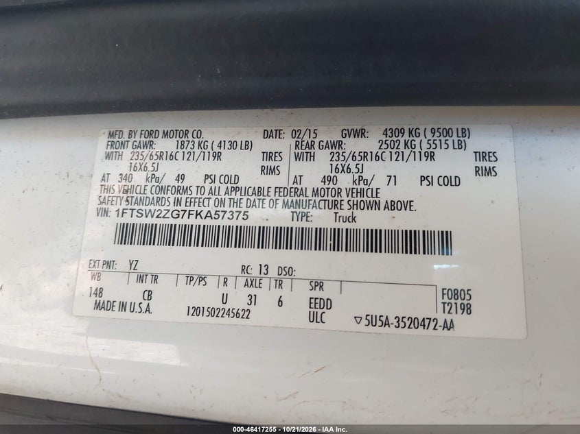 FORD TRANSIT-350 2015 VIN 1FTSW2ZG7FKA57375