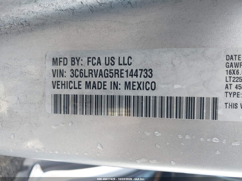 Vin: 3c6lrvag5re144733, lot: 46917794, ram promaster 1500 20244