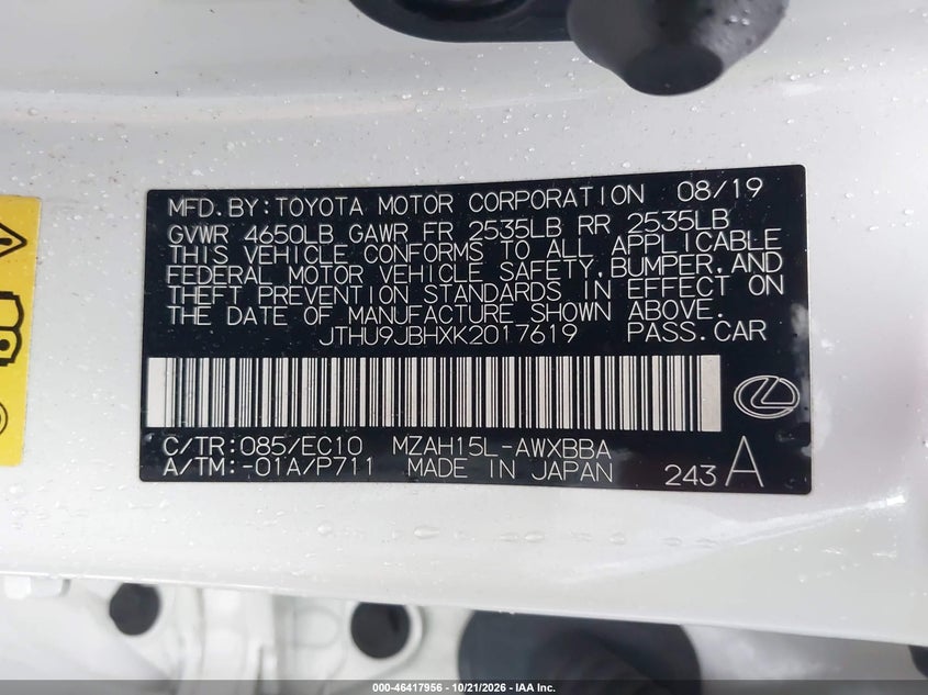 2019 Lexus Ux 250H VIN: JTHU9JBHXK2017619 Lot: 46417956