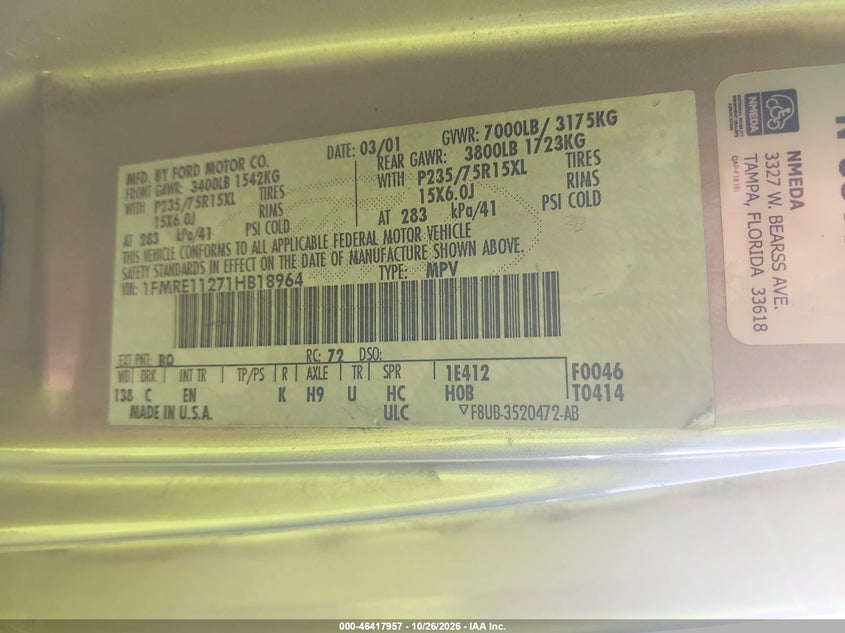 FORD E-150 2001 VIN 1FMRE11271HB18964