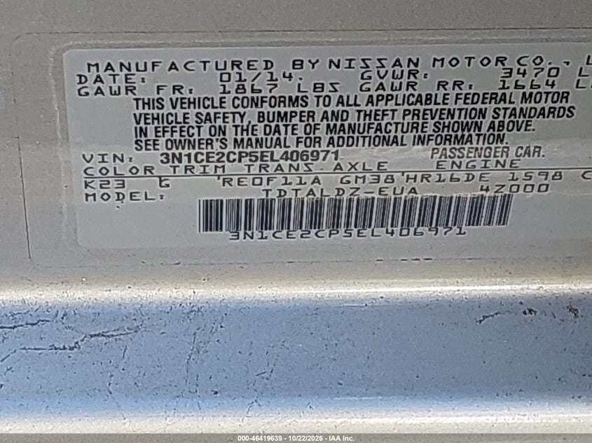 NISSAN VERSA NOTE 2014 VIN 3N1CE2CP5EL406971