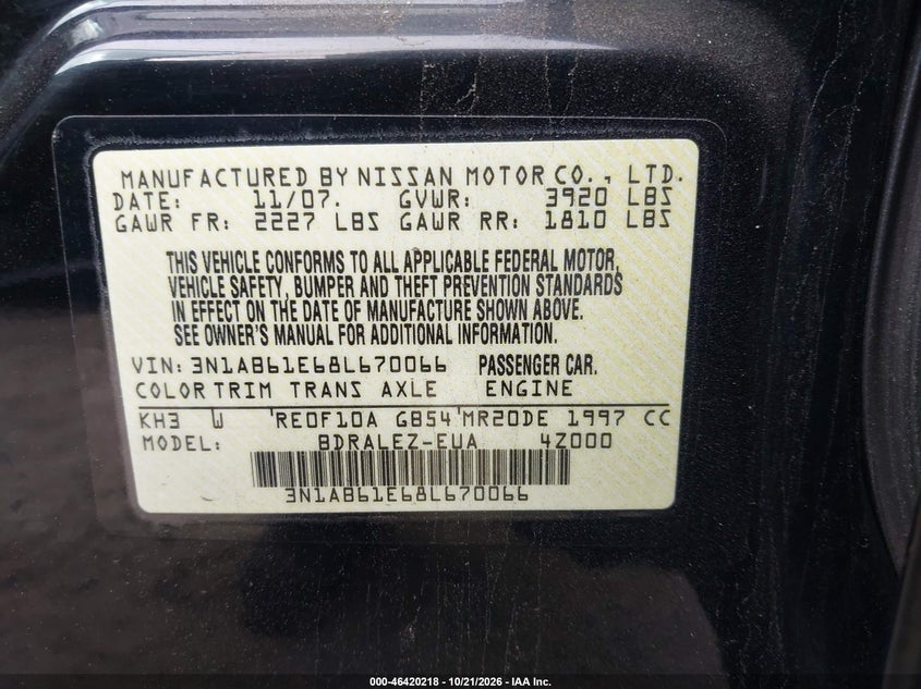 NISSAN SENTRA 2008 VIN 3N1AB61E68L670066