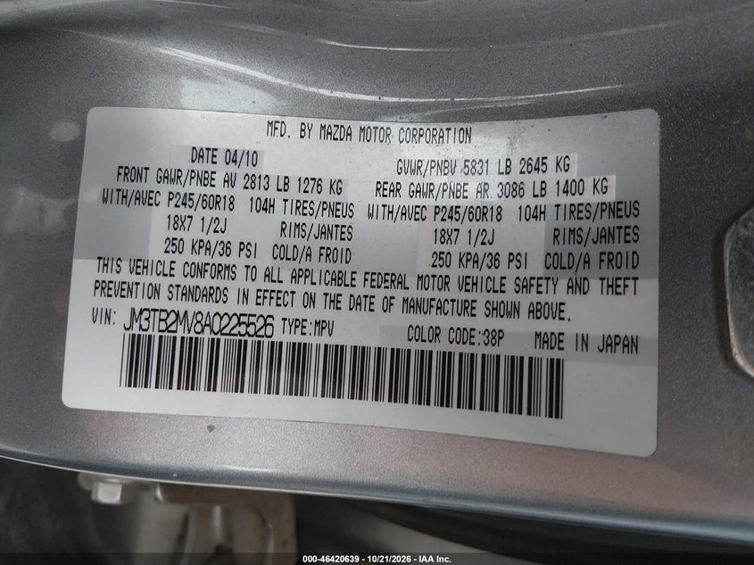 MAZDA CX-9 2010 VIN JM3TB2MV8A0225526