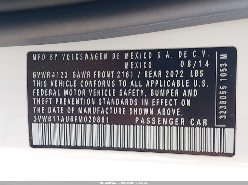 VOLKSWAGEN GOLF 2015 VIN 3VW817AU6FM020881