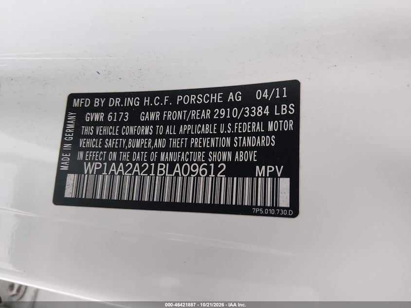 PORSCHE CAYENNE 2011 VIN WP1AA2A21BLA09612