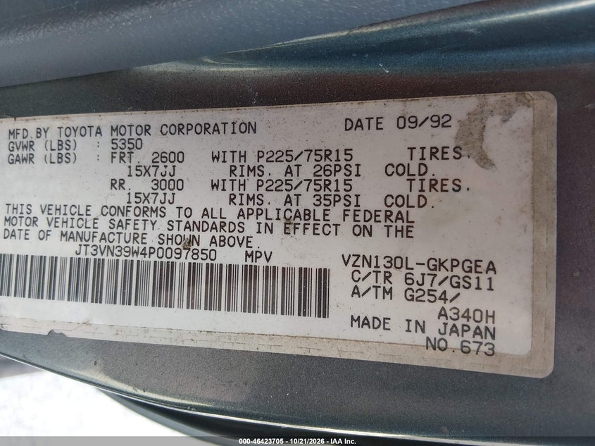 TOYOTA 4RUNNER 1993 VIN JT3VN39W4P0097850
