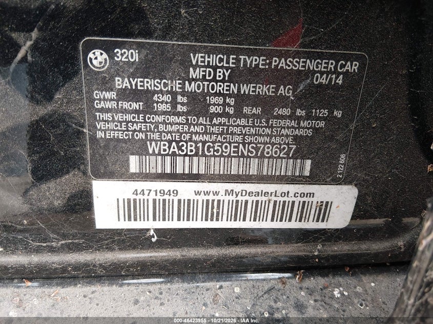 BMW 320I 2014 VIN WBA3B1G59ENS78627