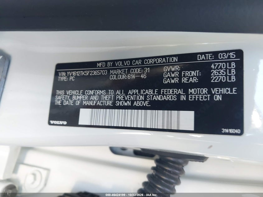 VOLVO S60 2015 VIN YV1612TK5F2365703