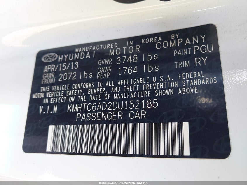 HYUNDAI VELOSTER 2013 VIN KMHTC6AD2DU152185