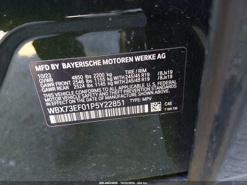 BMW X1 2023 VIN WBX73EF01P5Y22851