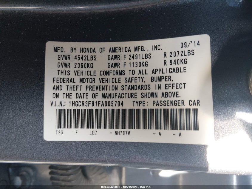 2015 HONDA ACCORD EX-L V-6 · Фото 9
