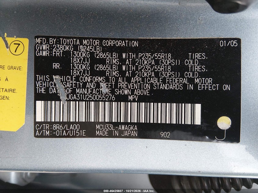 LEXUS RX 330 2005 VIN JTJGA31U250055276