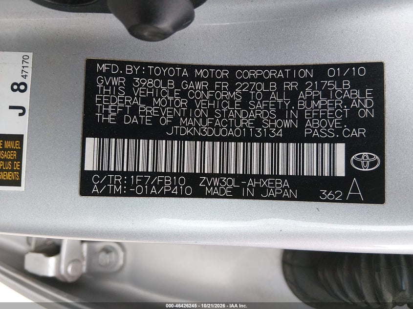 TOYOTA PRIUS 2010 VIN JTDKN3DU0A0113134
