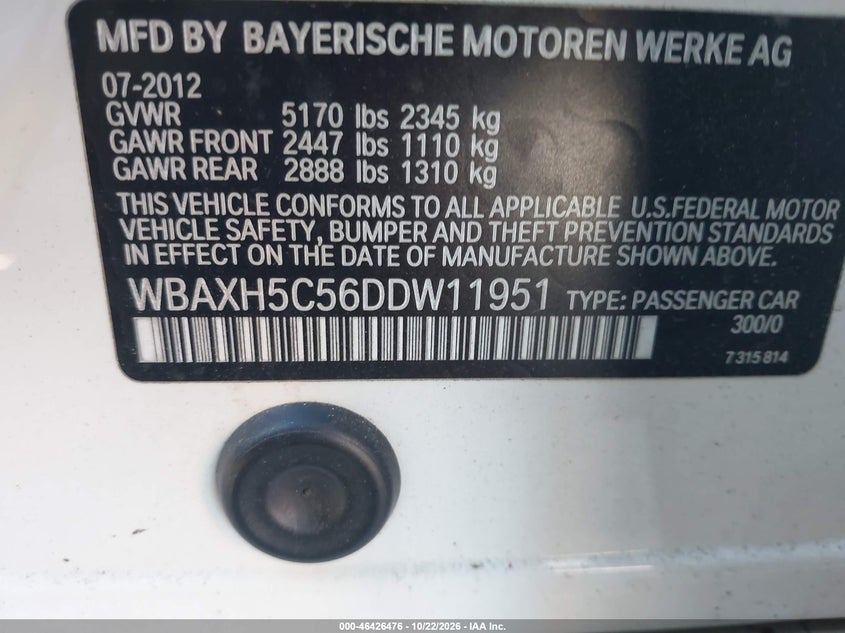 BMW 528I 2013 VIN WBAXH5C56DDW11951