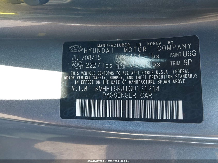 HYUNDAI GENESIS 2016 VIN KMHHT6KJ1GU131214