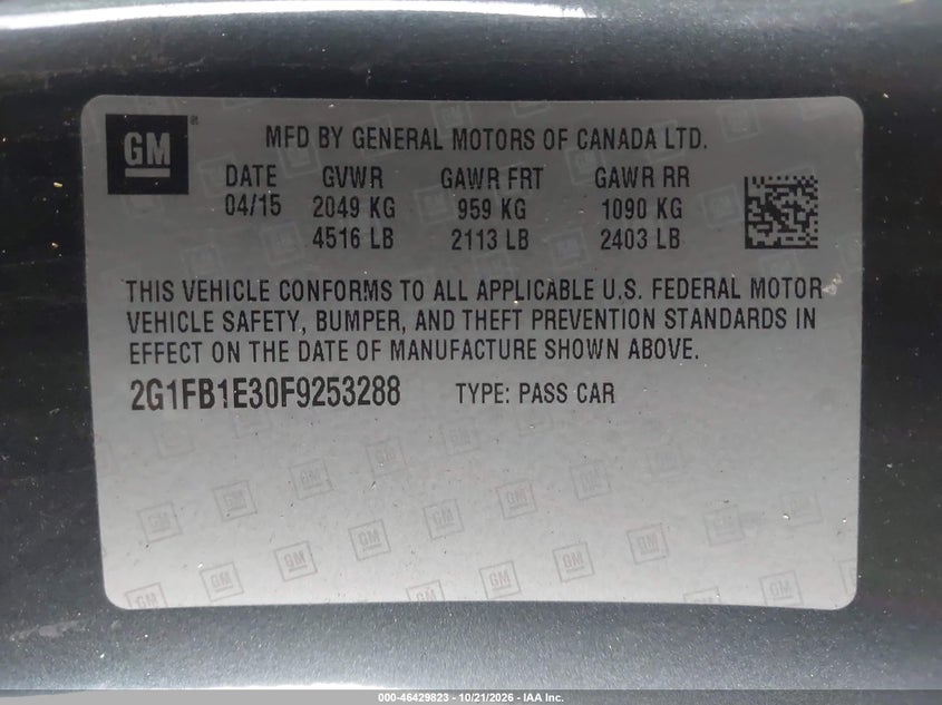 CHEVROLET CAMARO 2015 VIN 2G1FB1E30F9253288