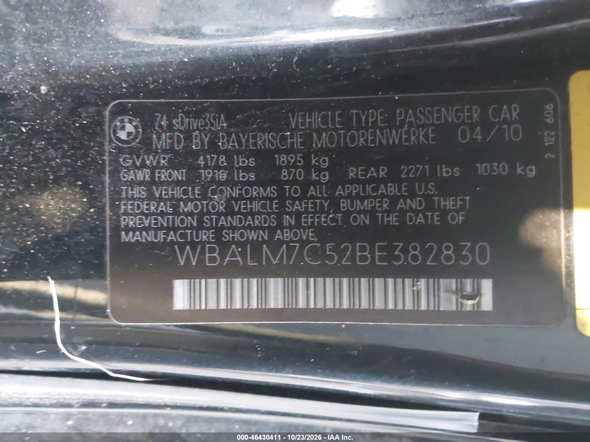 BMW Z4 2011 VIN WBALM7C52BE382830