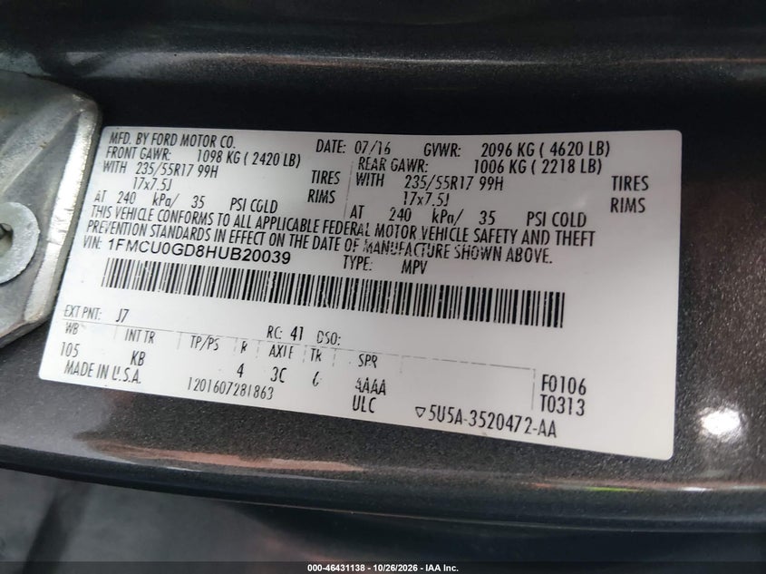 FORD ESCAPE 2017 VIN 1FMCU0GD8HUB20039