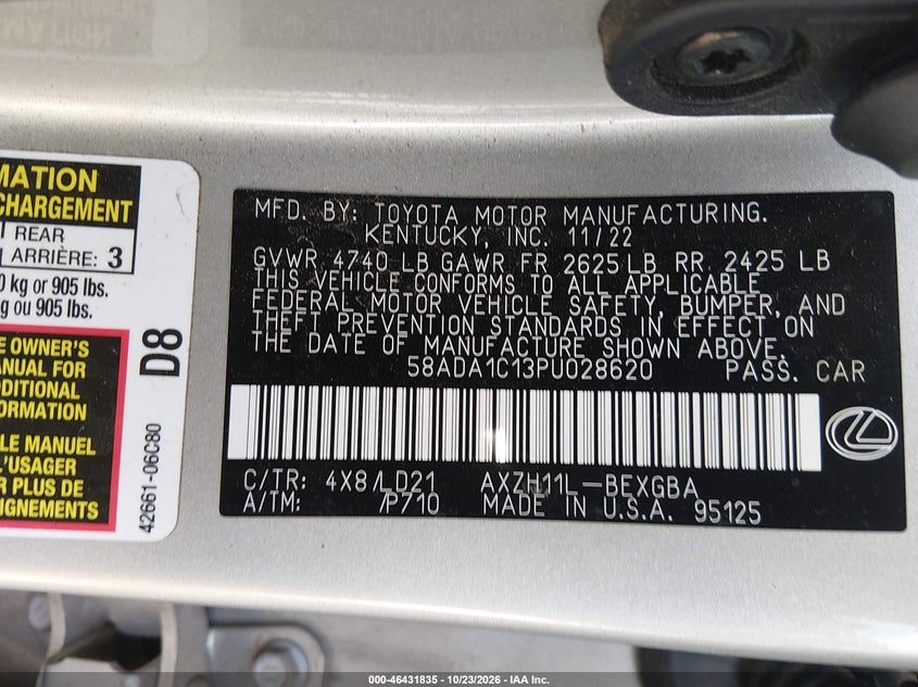 2023 Lexus Es 300H VIN: 58ADA1C13PU028620 Lot: 46431835