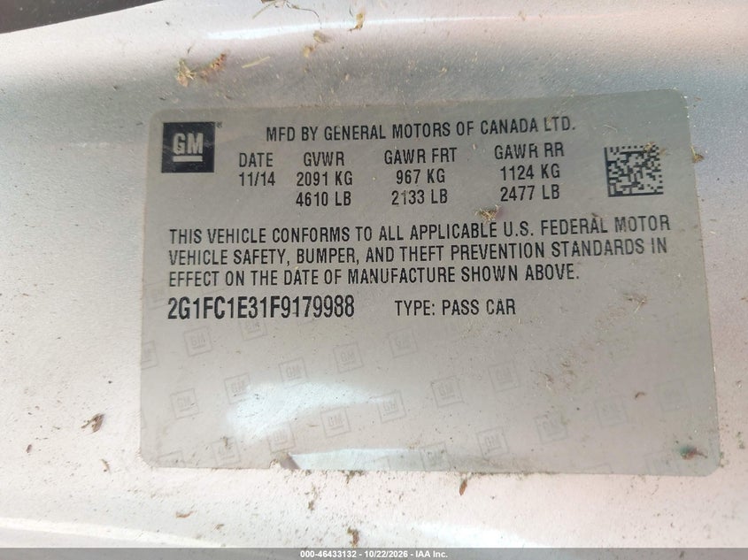 CHEVROLET CAMARO 2015 VIN 2G1FC1E31F9179988