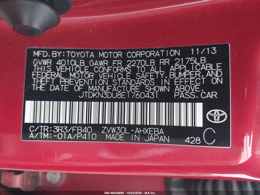 TOYOTA PRIUS 2014 VIN JTDKN3DU8E1760431
