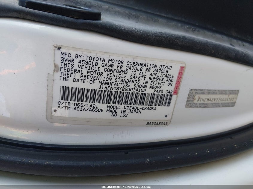 2002 Lexus Sc 430 VIN: JTHFN48Y220034102 Lot: 46439809