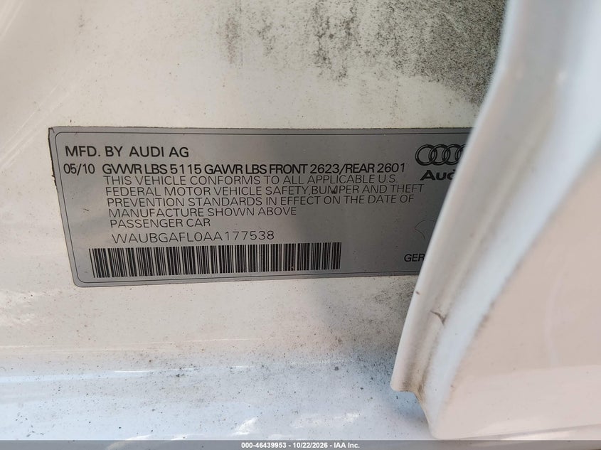 AUDI S4 2010 VIN WAUBGAFL0AA177538