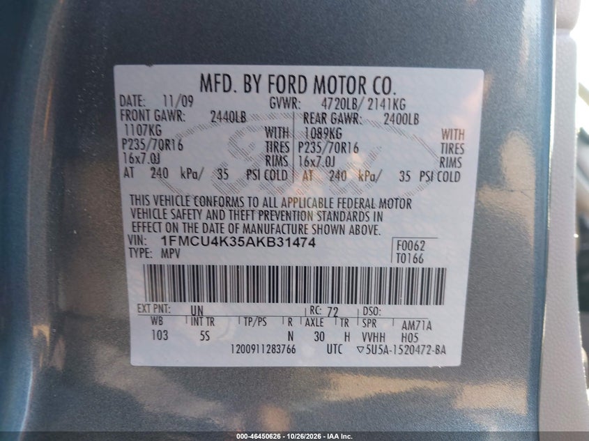 FORD ESCAPE HYBRID 2010 VIN 1FMCU4K35AKB31474