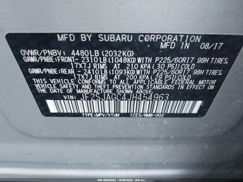 SUBARU FORESTER 2018 VIN JF2SJAGC4JH454963