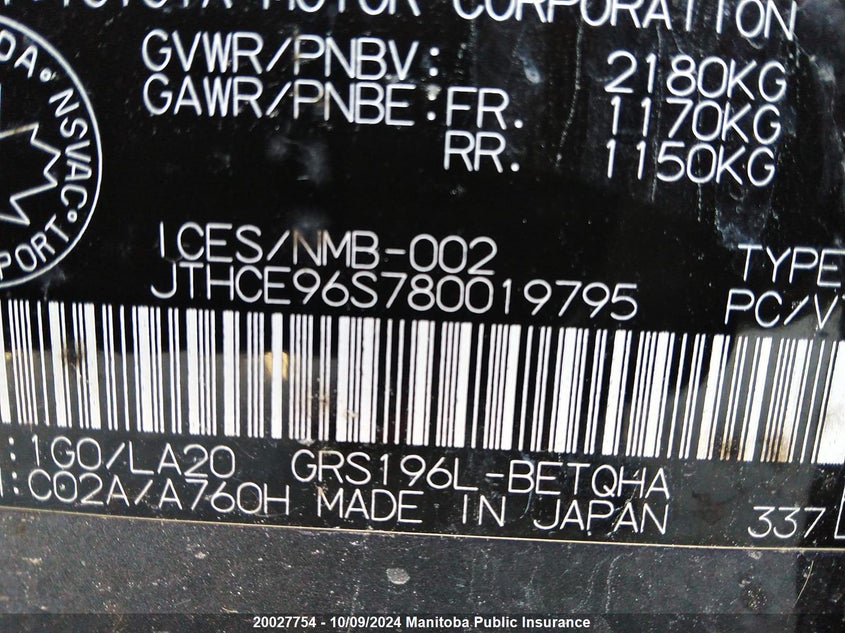 2008 Lexus Gs 350 VIN: JTHCE96S780019795 Lot: 20027754