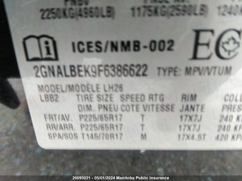 2015 Chevrolet Equinox Lt VIN: 2GNALBEK9F6386622 Lot: 20095021