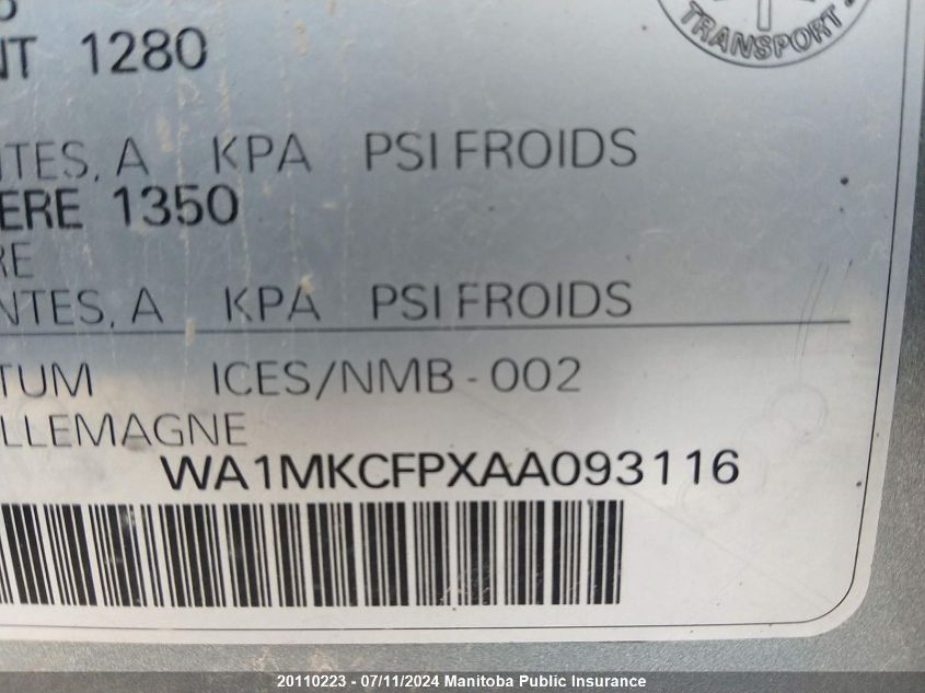 2010 Audi Q5 V6 VIN: WA1MKCFPXAA093116 Lot: 20110223