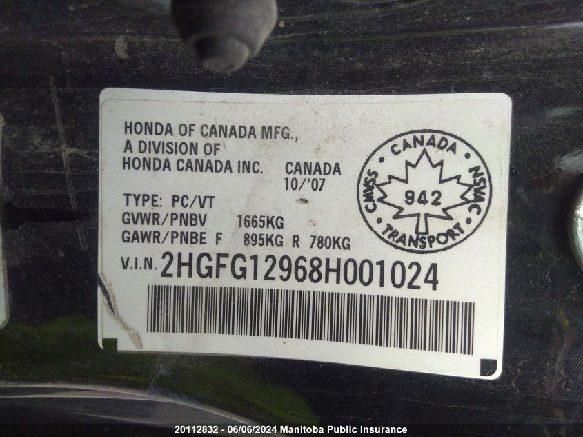 2008 Honda Civic Ex-L VIN: 2HGFG12968H001024 Lot: 20112832