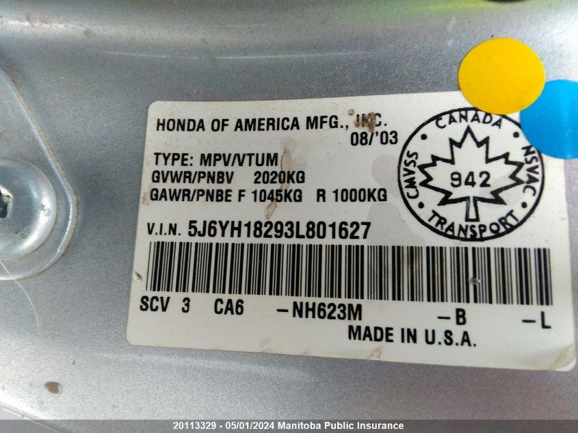 2003 Honda Element Dx VIN: 5J6YH18293L801627 Lot: 20113329