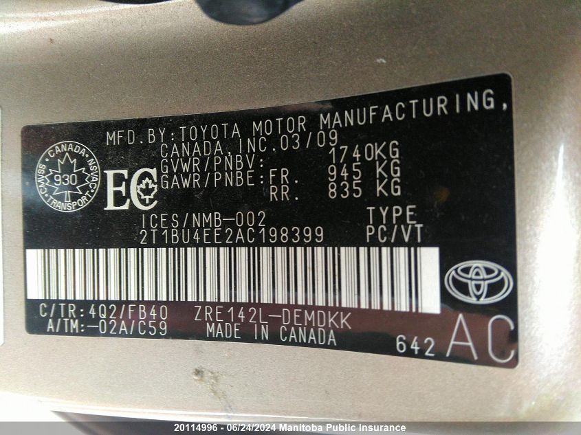 2010 Toyota Corolla Ce VIN: 2T1BU4EE2AC198399 Lot: 20114996