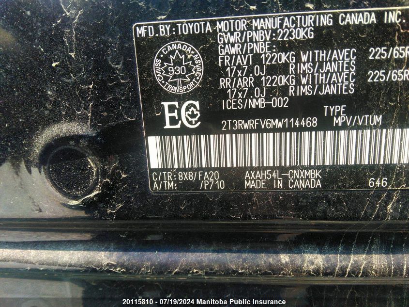 2021 Toyota Rav4 Xle Hybrid VIN: 2T3RWRFV6MW114468 Lot: 20115810