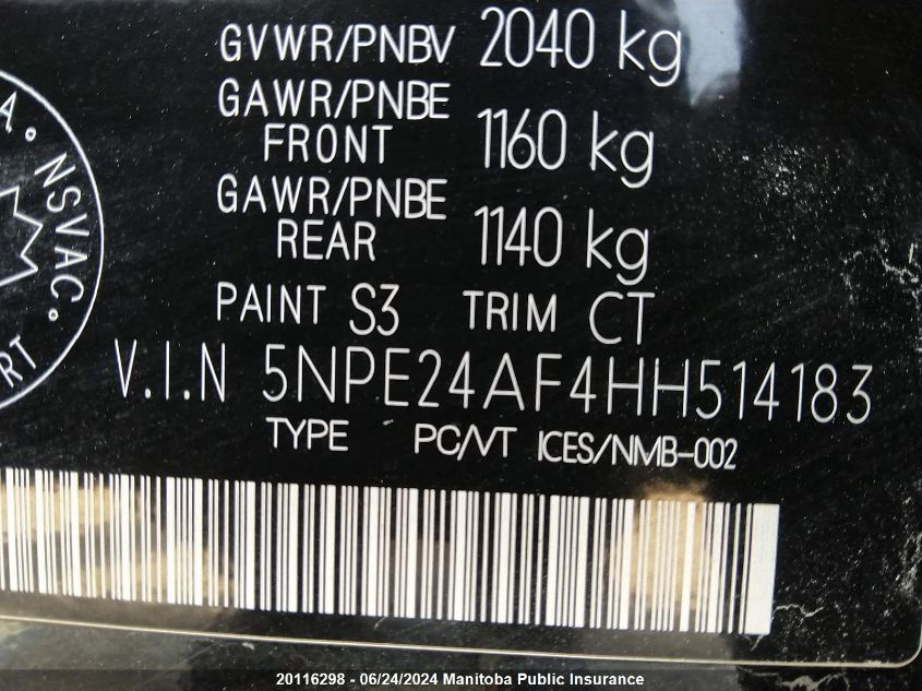 2017 Hyundai Sonata Gls VIN: 5NPE24AF4HH514183 Lot: 20116298