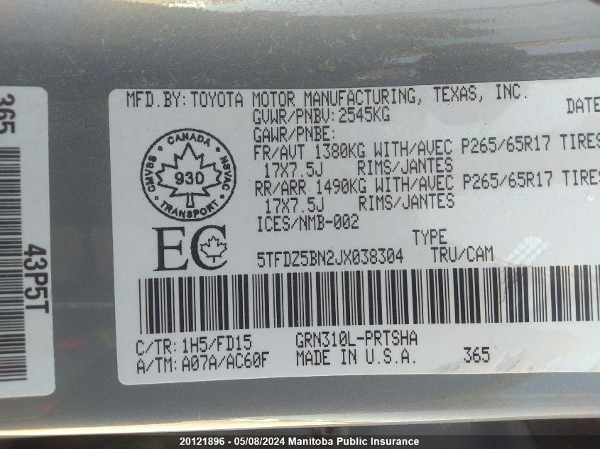 2018 Toyota Tacoma Dbl Cab/Sr5/Trd Sport/Or VIN: 5TFDZ5BN2JX038304 Lot: 20121896