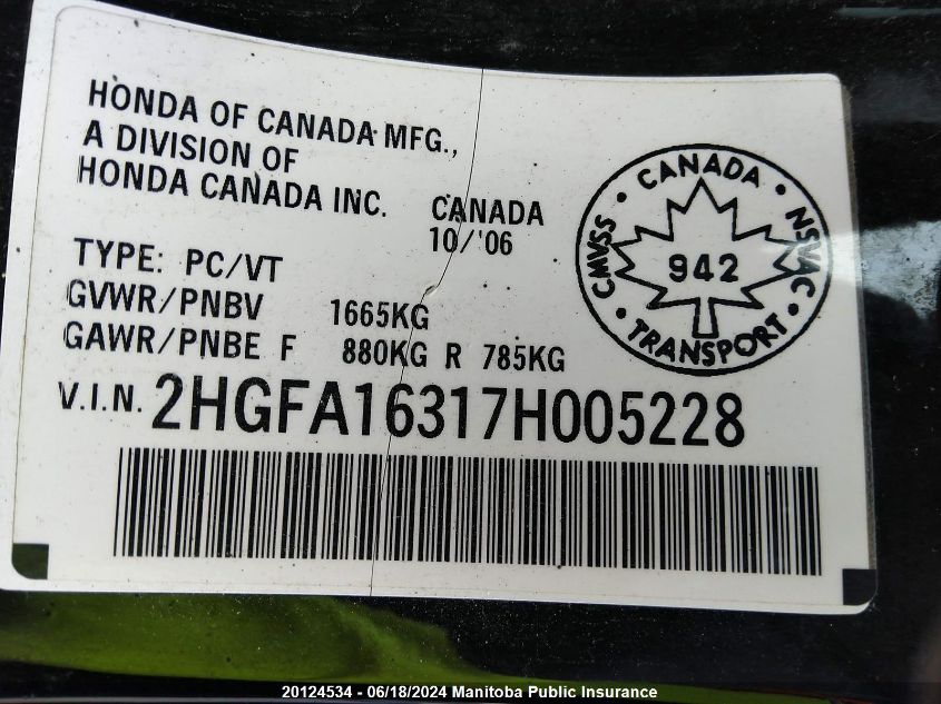 2007 Honda Civic Dx-G VIN: 2HGFA16317H005228 Lot: 20124534