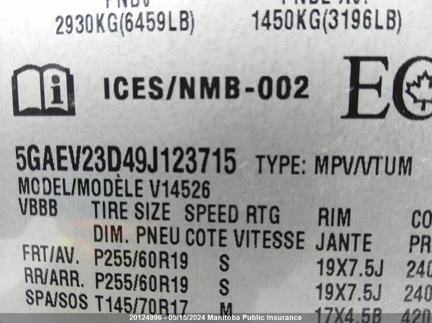2009 Buick Enclave Cxl VIN: 5GAEV23D49J123715 Lot: 20124996