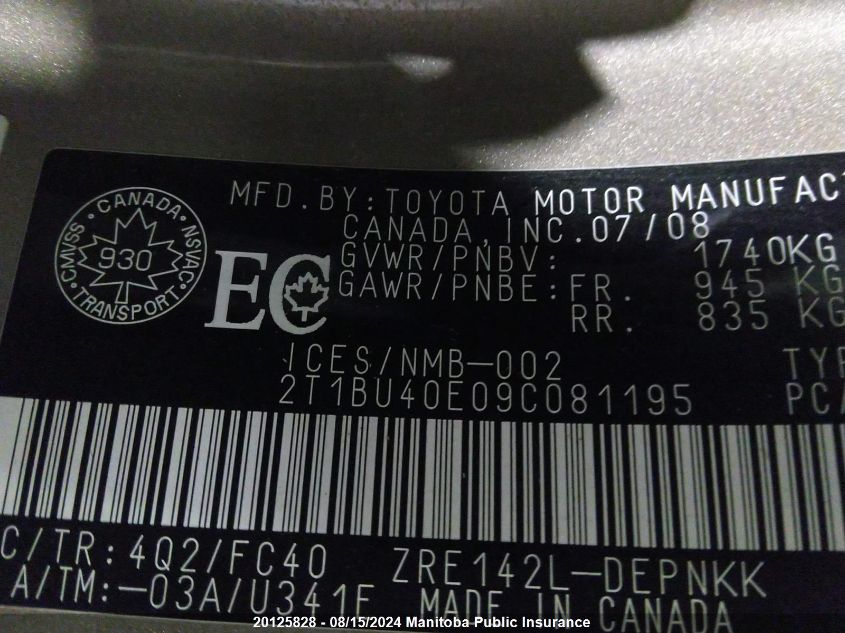 2009 Toyota Corolla Le VIN: 2T1BU40E09C081195 Lot: 20125828