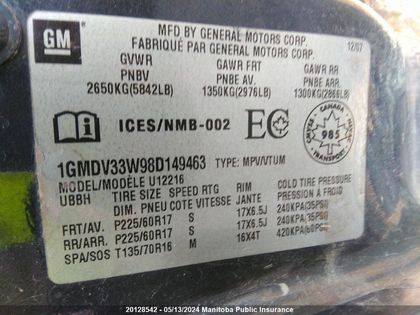 2008 Pontiac Montana Sv6 W/1Sc VIN: 1GMDV33W98D149463 Lot: 20128542