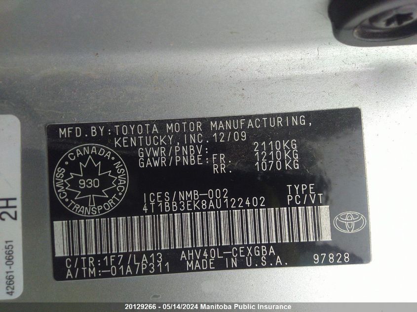 2010 Toyota Camry Hybrid VIN: 4T1BB3EK8AU122402 Lot: 20129266