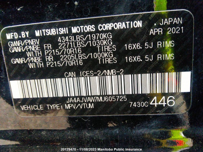 2021 Mitsubishi Rvr Se VIN: JA4AJVAW7MU605725 Lot: 20129470