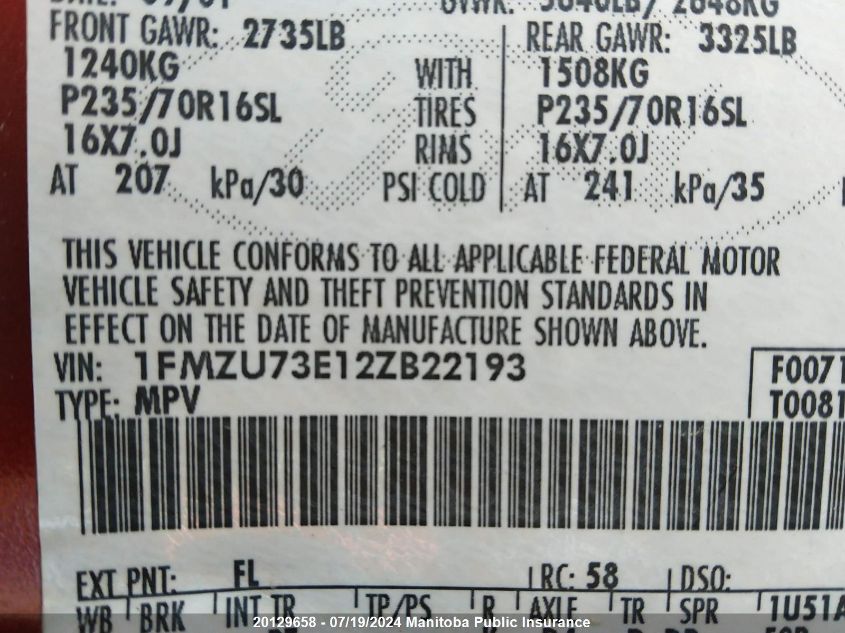 2002 Ford Explorer Xlt VIN: 1FMZU73E12ZB22193 Lot: 20129658