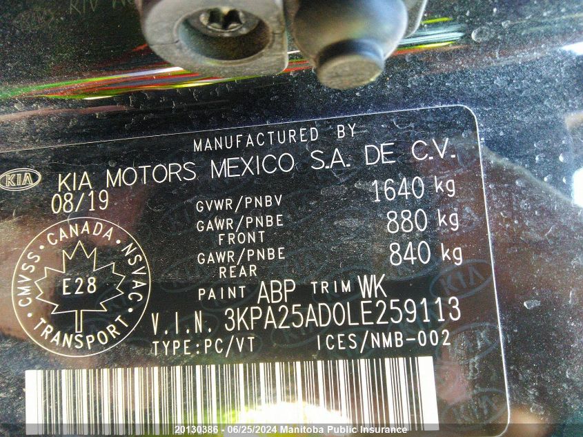 2020 Kia Rio Ex Sport VIN: 3KPA25AD0LE259113 Lot: 20130386
