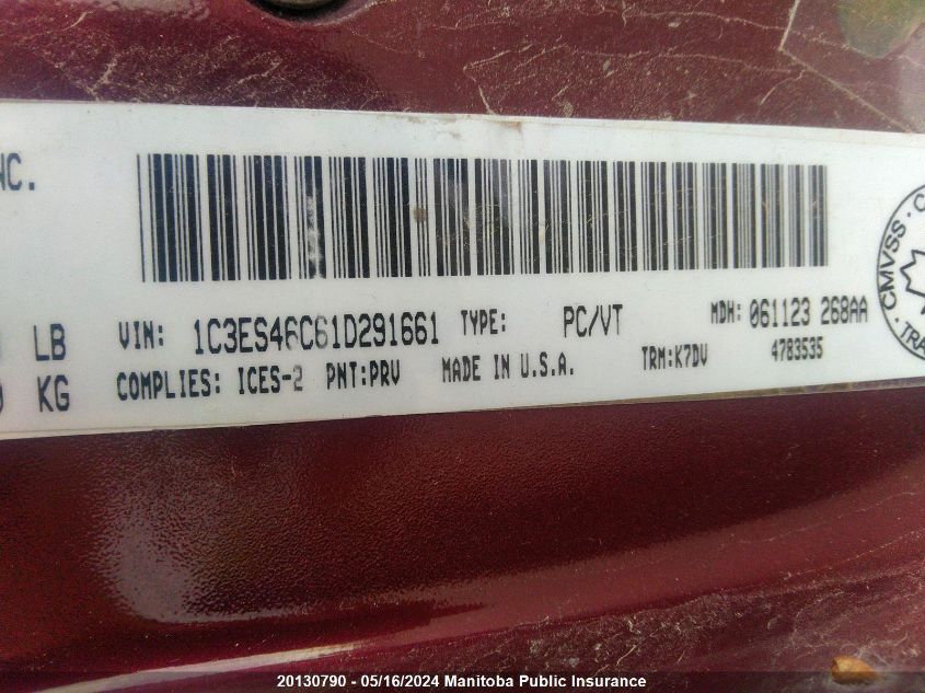 2001 Chrysler Neon Le VIN: 1C3ES46C61D291661 Lot: 20130790